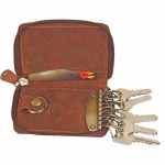Cognac Leather Zip Key Holder with Card Slot and Key Fob Ring