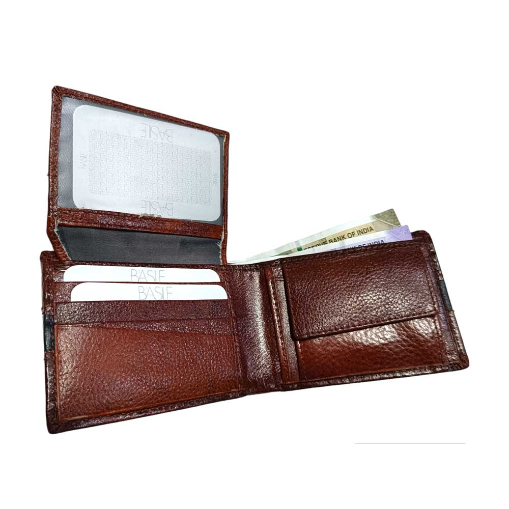 RFID Protected Pebbled Chestnut Leather Multi-Feature Wallet Men's Chestnut Leather RFID Wallet with Snap Coin Pocket - Image 1