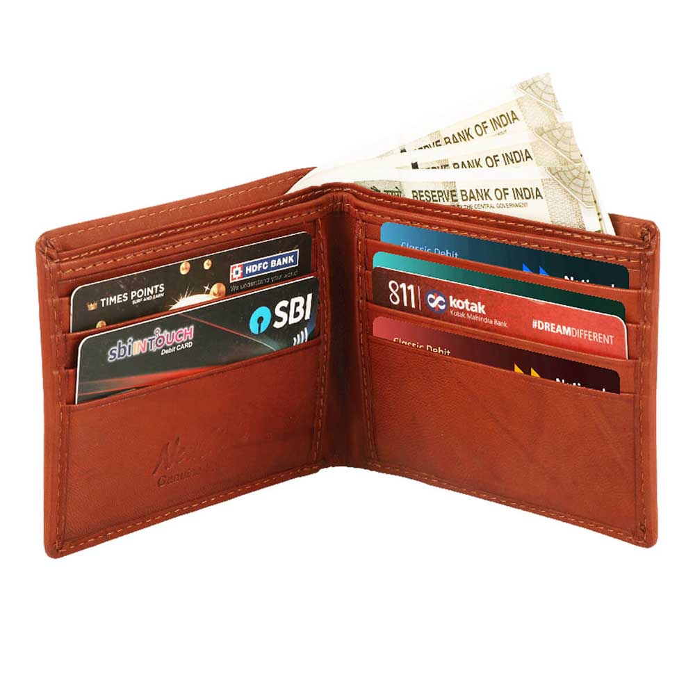 RFID Protected Smooth Cognac Leather Classic Bi-Fold Wallet High Capacity Cognac Leather RFID Bi-Fold Wallet - Image 1